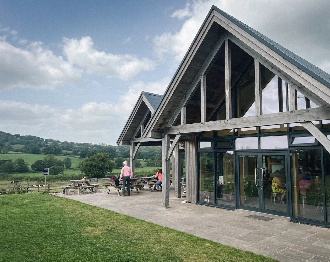 Levitate's Otter Valley Dairy Cafe a sustainably built, family-run barn framed in weathered oak, overlooking the Otter Valley countryside.