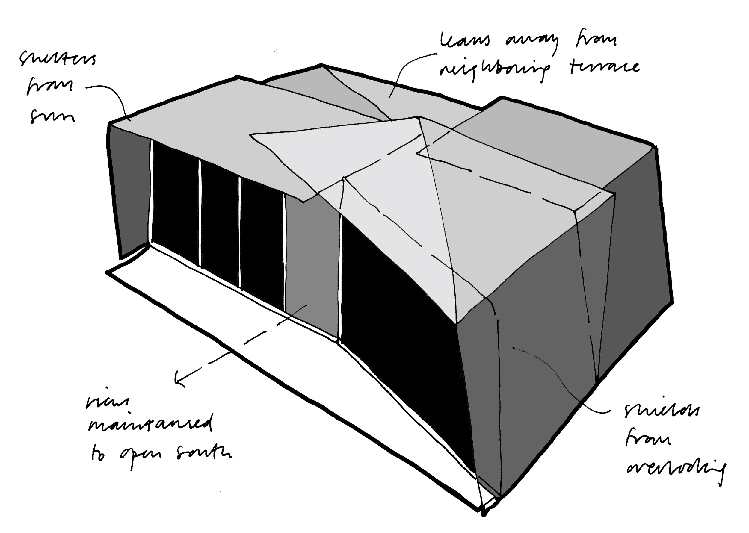 Levitate's London Shoreditch loft grey toned concept sketch showing the metal clad, and glass extension