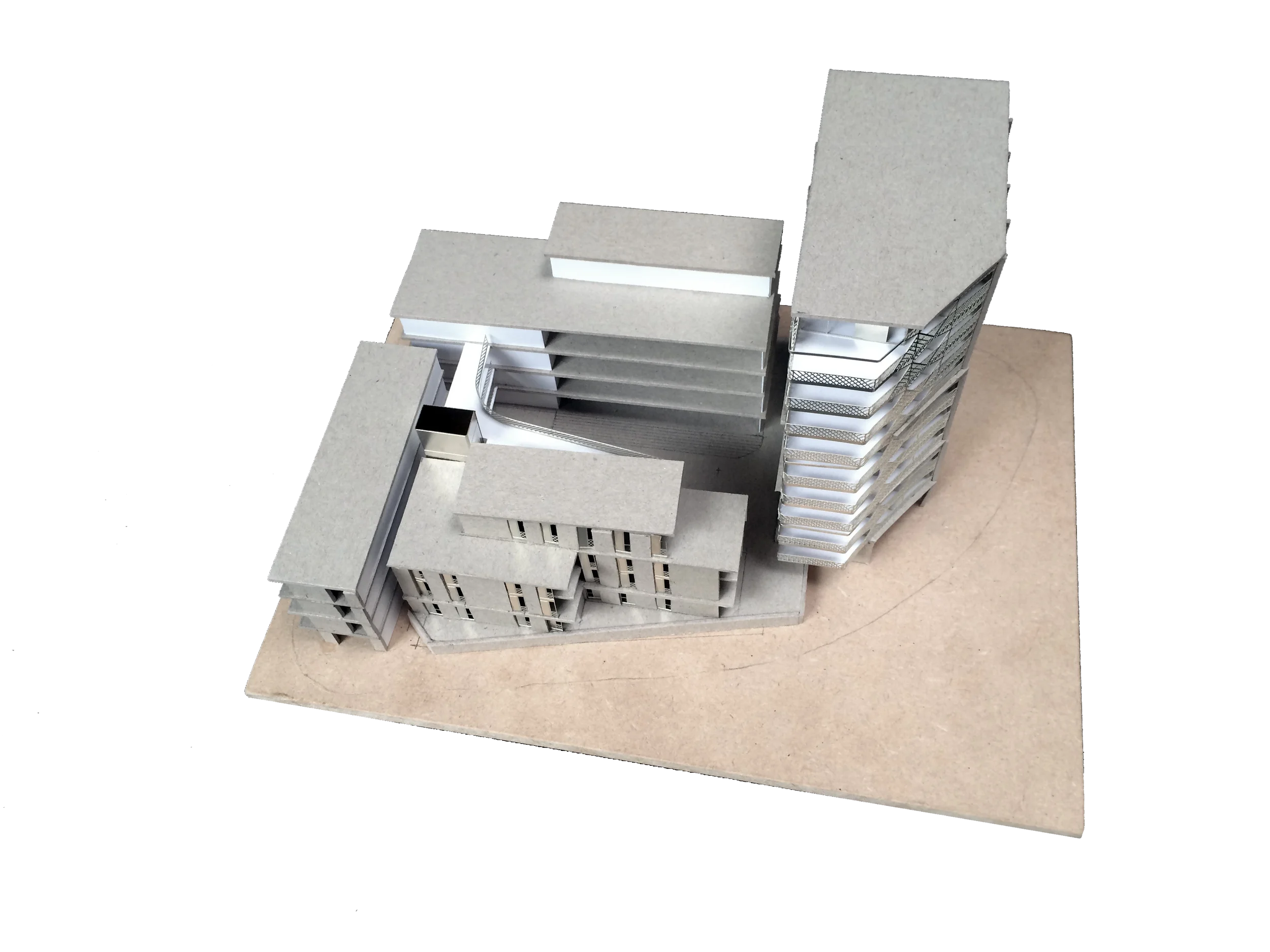 Levitate's Lace Building architectural card scale model demonstrating the stepped brick volume, central courtyard, and taller glazed tower