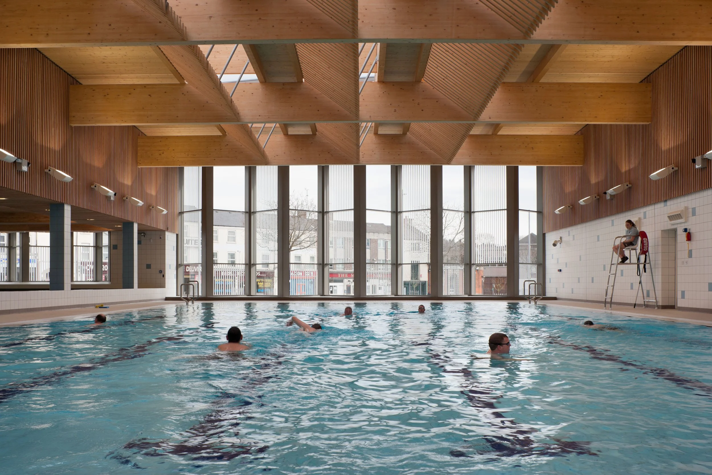 Warm, natural and sustainable materials were used to form a dramatic roof form over the Victoria Leisure Centre swimming pool to ensure natural lighting was maximised at Levitate's award winning scheme.