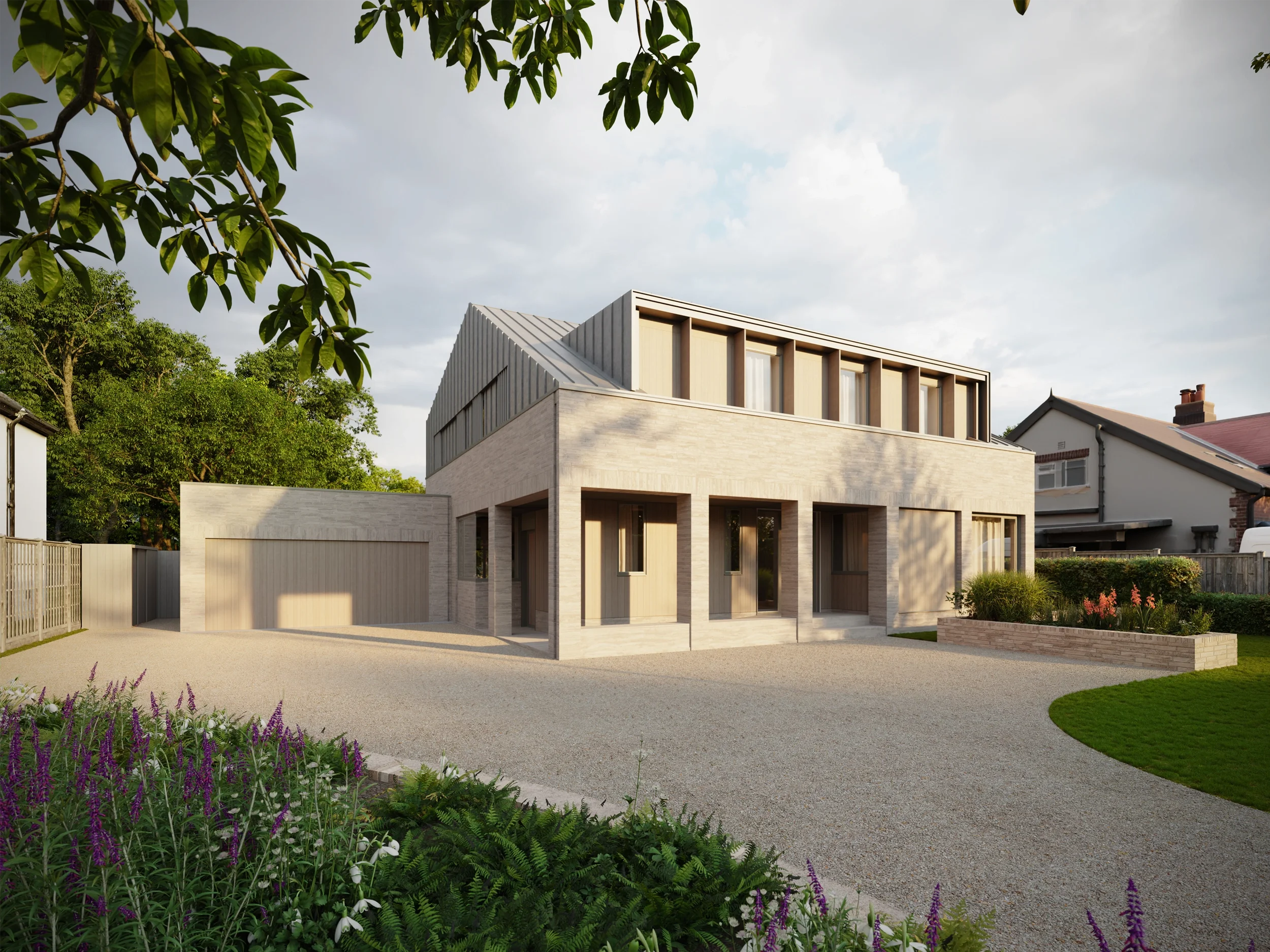 Levitate's new build home Adel, Leeds. Front driveway approach showing the modern stone brick base, timber details and zinc roof.
