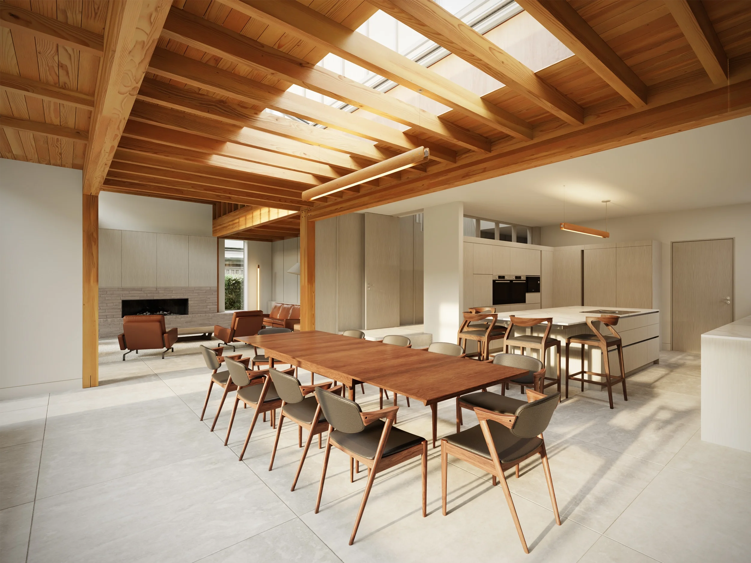 Levitate's new build home Adel, Leeds. A large sustainable kitchen and dining room under an exposed timber structure with skylights.