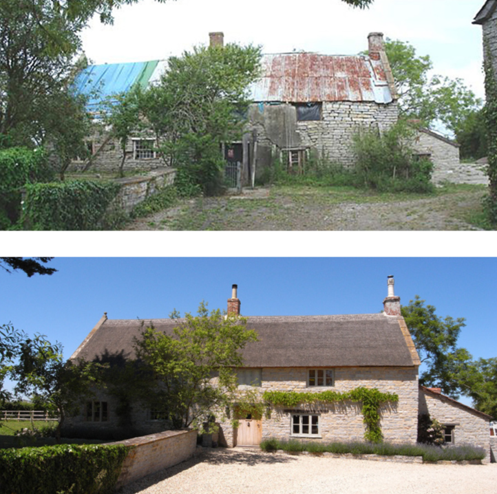 Award Winning Old Farm by Levitate Architects, before and after photos show a ruined farmhouse transformed into a restored, thatched heritage stone cottage.