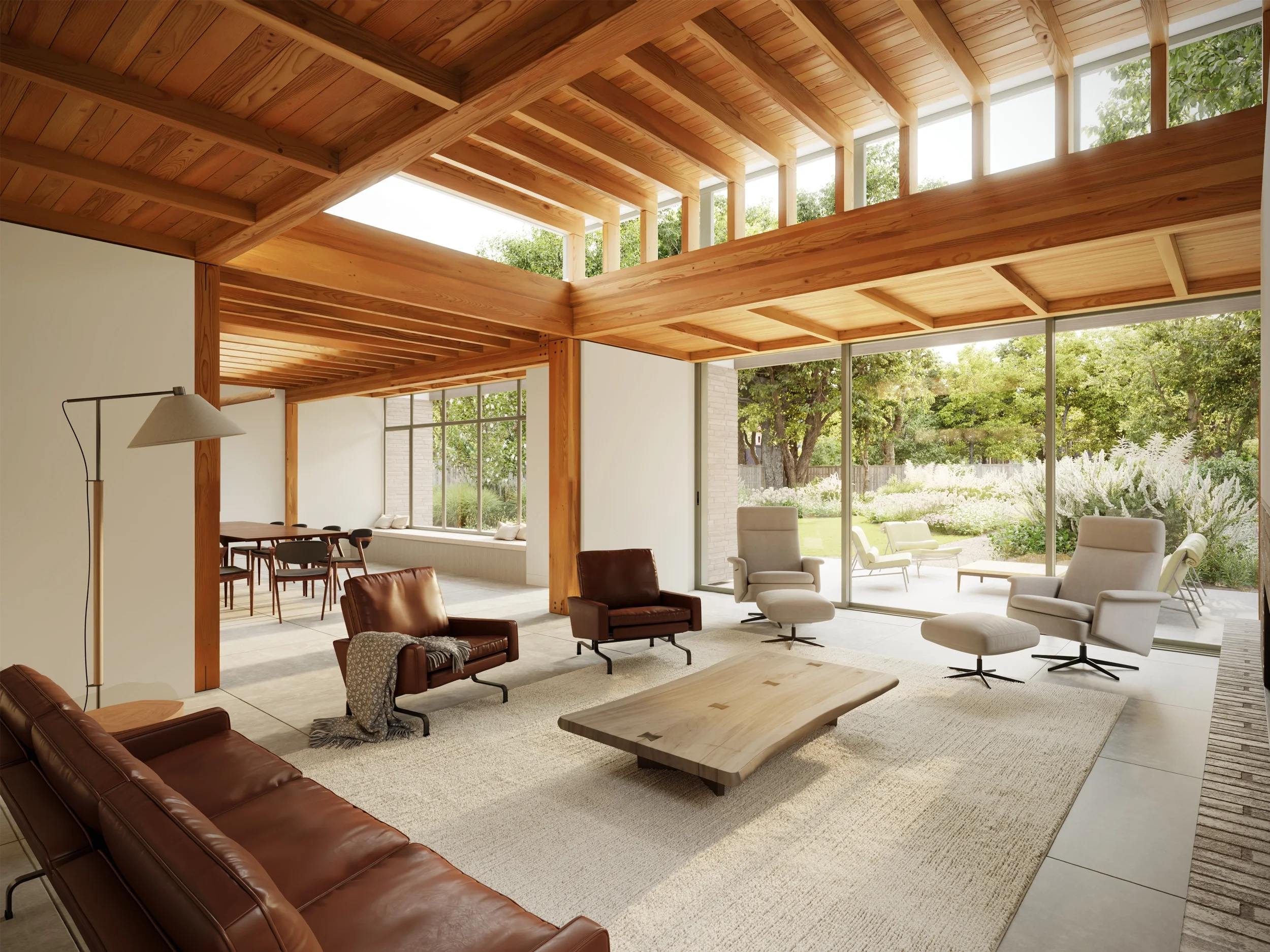 Levitate's new build home Adel, Leeds. Mid-century living room highlighting a sustainable timber structure, stone accents, and large garden doors.