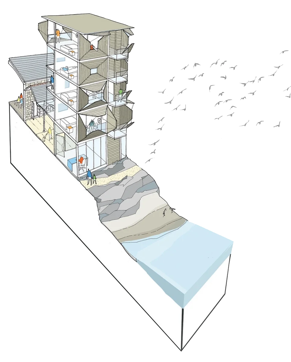 Levitate's birnbeck pier 3D section showing new multi-story buildings integrated with a Grade II Listed heritage structure for conservation.