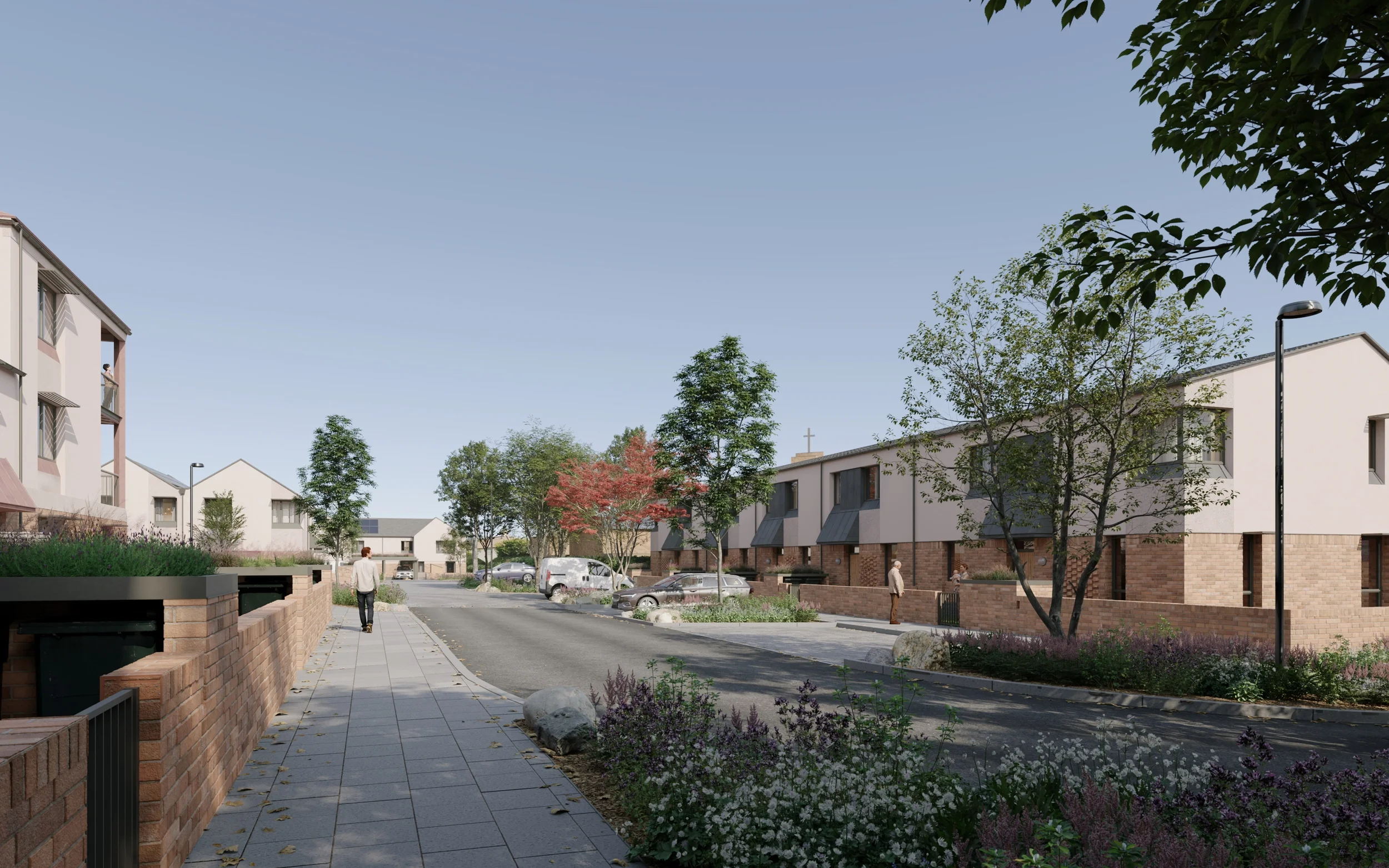 Levitate Architects Stocking Farm neighbourhood centre accessible street approach with Passivhaus energy-efficient affordable family homes.