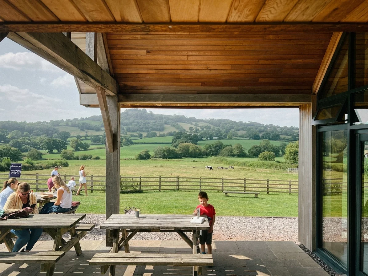 Levitate's Otter Valley Dairy Cafe sustainable oak-framed terrace, family-run and open to fields, cattle grazing beyond the valley.