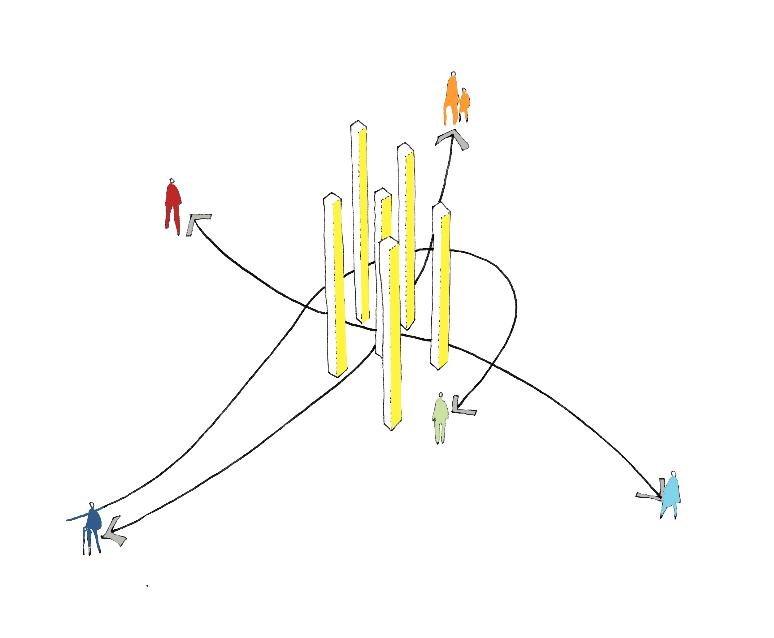 Levitate Architects Highcross Beacons Digital Sculpture concept sketch showing pedestrian pathways interweaving around interactive LED totems.