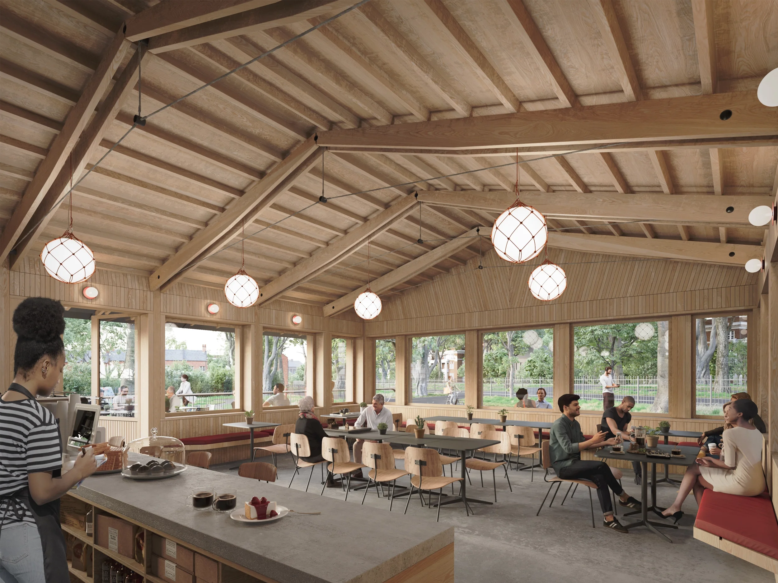 Levitate Architects Highbury Fields Café warm timber-clad interior showcasing low carbon construction and exposed wood beam design.