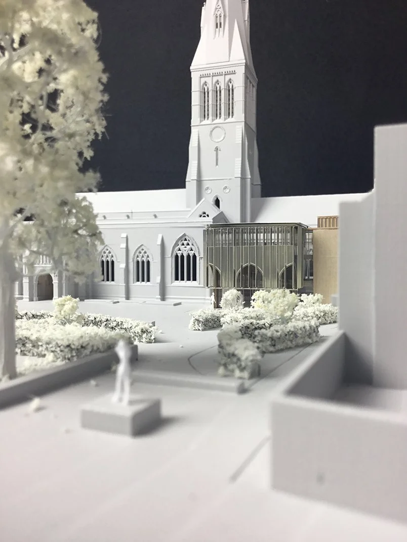 Levitate Architects' Leicester Cathdral street-view model displays a modern respectful extension facade beneath the historic site towering spire