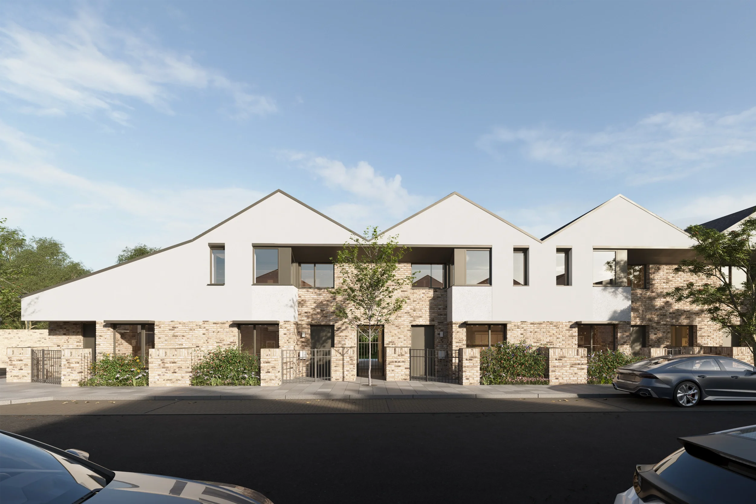 Levitate Architects FLEC Leicester front elevation render of modern residential houses with sawtooth pitched roofs, brick lower walls, and render.