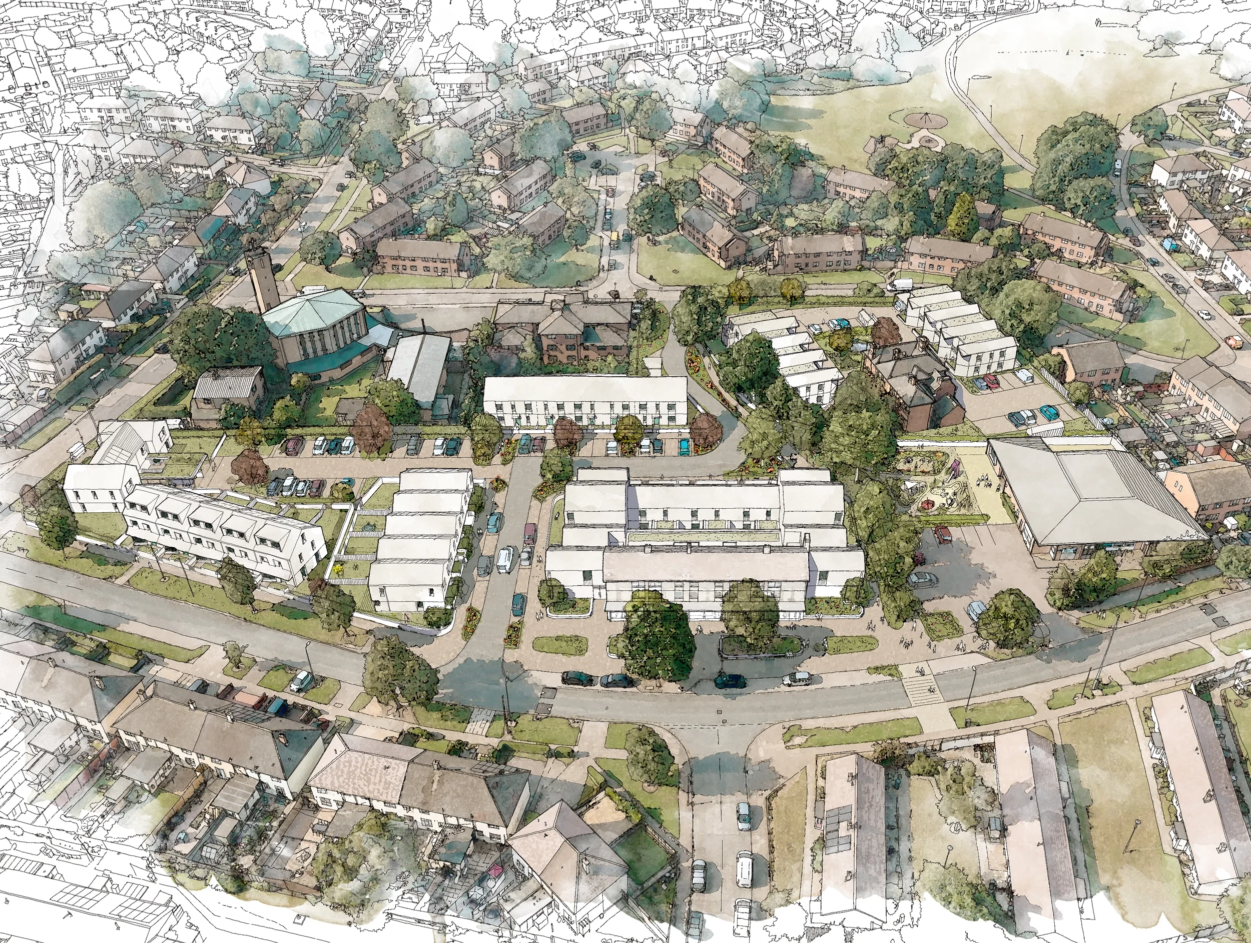 Levitate Architects Stocking Farm neighbourhood centre aerial sketch highlighting Passivhaus layout, green spaces, and community-focused homes.