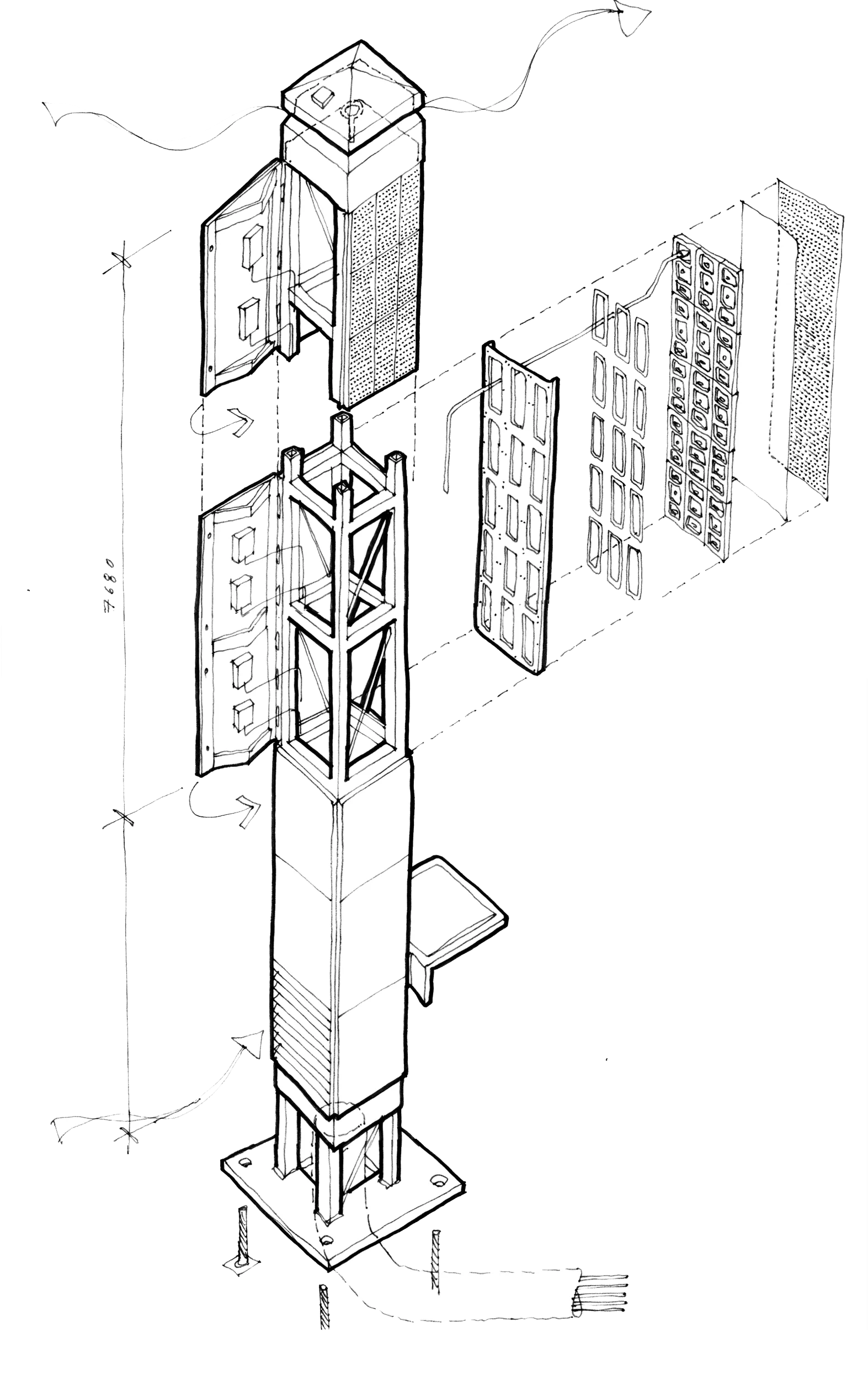 Levitate Architects Highcross Beacons Digital Sculpture technical exploded sketch illustrating internal LED display structure and hardware.