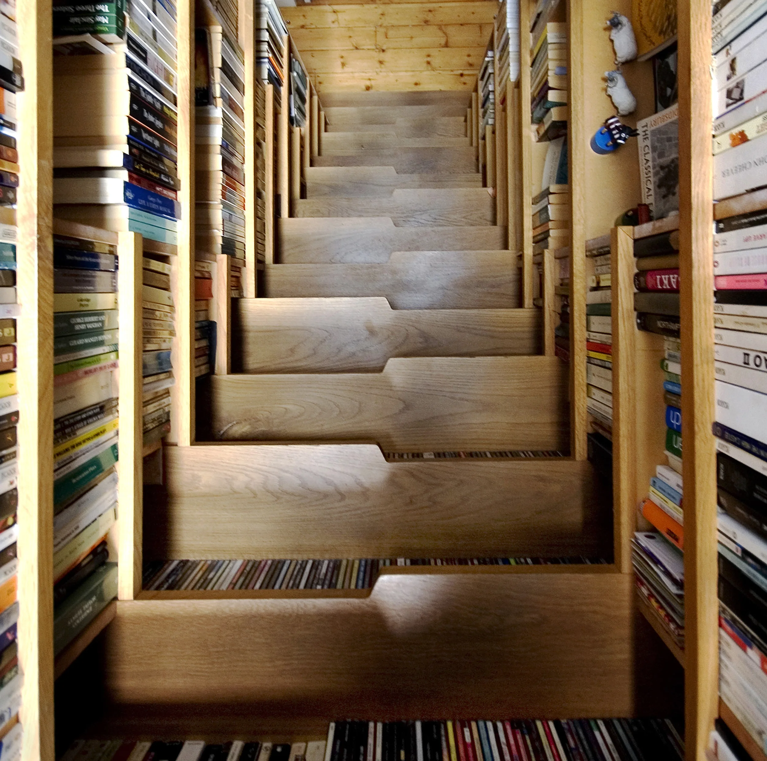 Levitate's Bookcase Staircase view looking down the timber stair, flanked by shelves filled with books