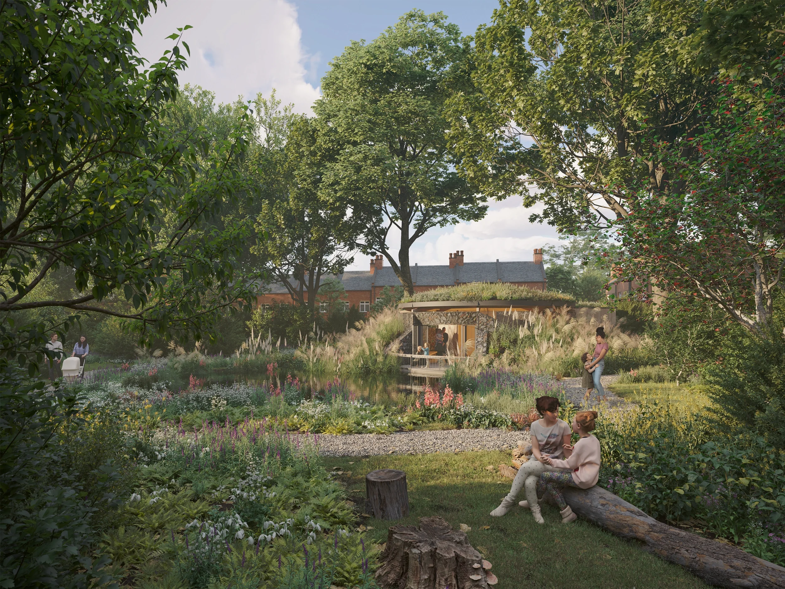 Levitate Architects Highbury Fields Café low carbon wildlife hub showcasing sustainable landscaping, zero concrete, and biodiverse pond.