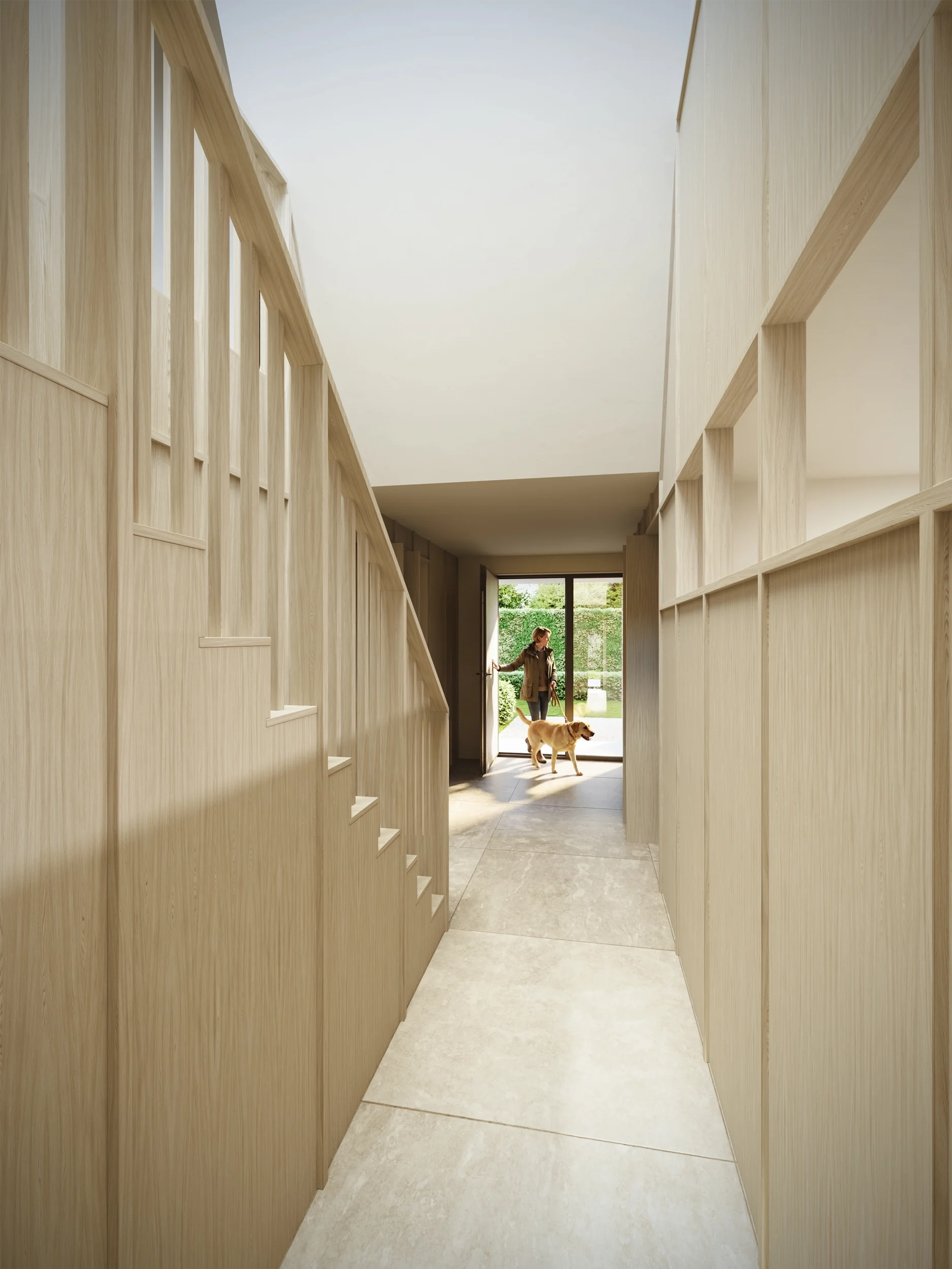 Levitate's new build home Adel, Leeds. Bright, double-height entrance hallway showcasing a modern, timber structure and staircase.