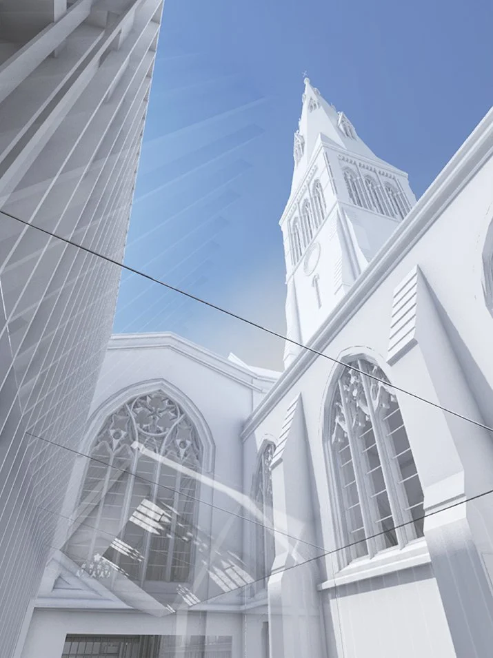 Levitate Architects' Leicester Cathdral rendering looks through a modern respectful extension glass canopy up at the historic site stone spire