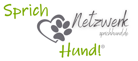 Logo für ein Trainer:innen-Netzwerk namens 'Sprich Hund!', mit einem Herz- und Pfotenabdruck-Design.