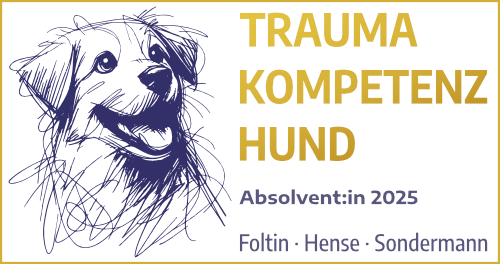 Skizze eines Hundes neben dem Text 'Trauma Kompetenz Hund, Absolvent:in 2025, Foltin. Hense. Sondermann'