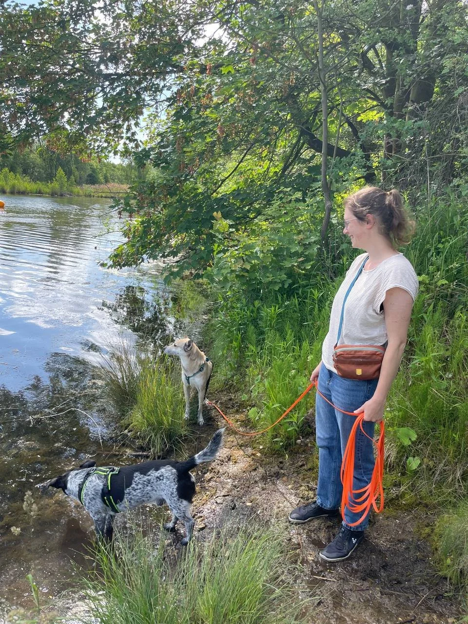 Rebekka Fuchs, Hundetrainerin in Leipzig, steht am Ufer eines Flusses und beobachtet zwei Hunde beim Erkunden des Wassers.