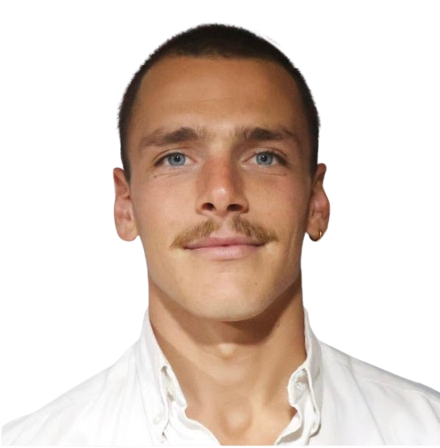 Portrait of a man, Leon Hohn , French and English, Osteopath Cascais with short brown hair, blue eyes, a mustache, wearing a white shirt.