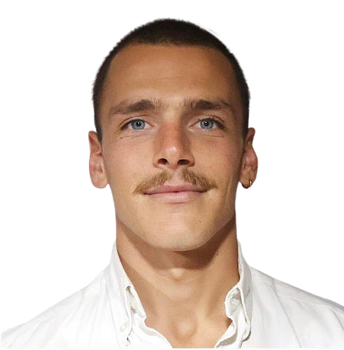Portrait of a young man, Leon Hohn , French and Enlgish Osteopath of Casacais, with light skin, blue eyes, a mustache, short brown hair, wearing a white collared shirt.