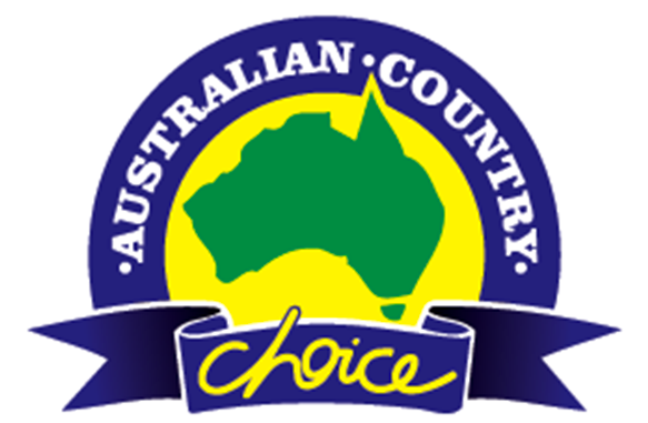 Logo of Australian County Choice with a green map of Australia inside a yellow circle, encircled by a blue border with white text, and a blue ribbon with the word "choice" in yellow.