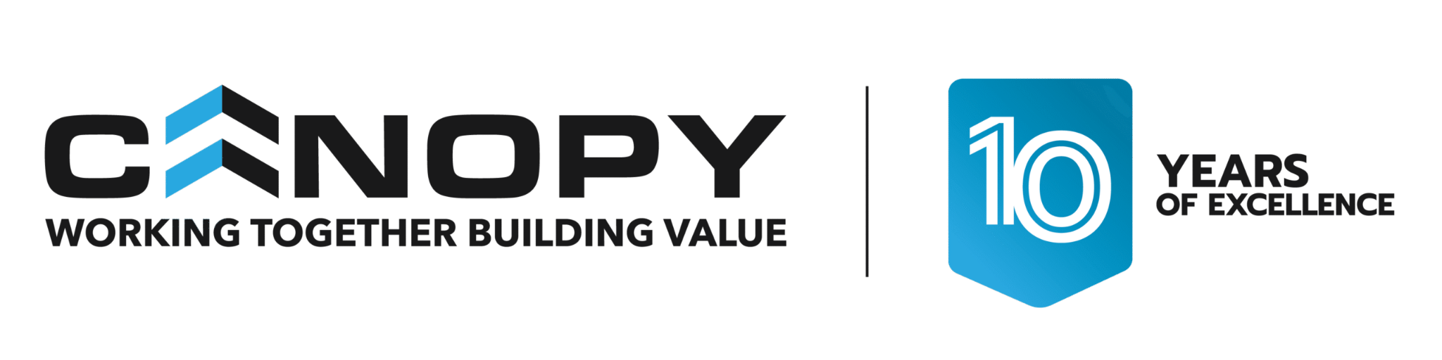 Canopy Constructions logo Celebrating 10 years with a logo featuring the number 10 in white on a blue shield and the text 'Enjoy Morale Together Building'.