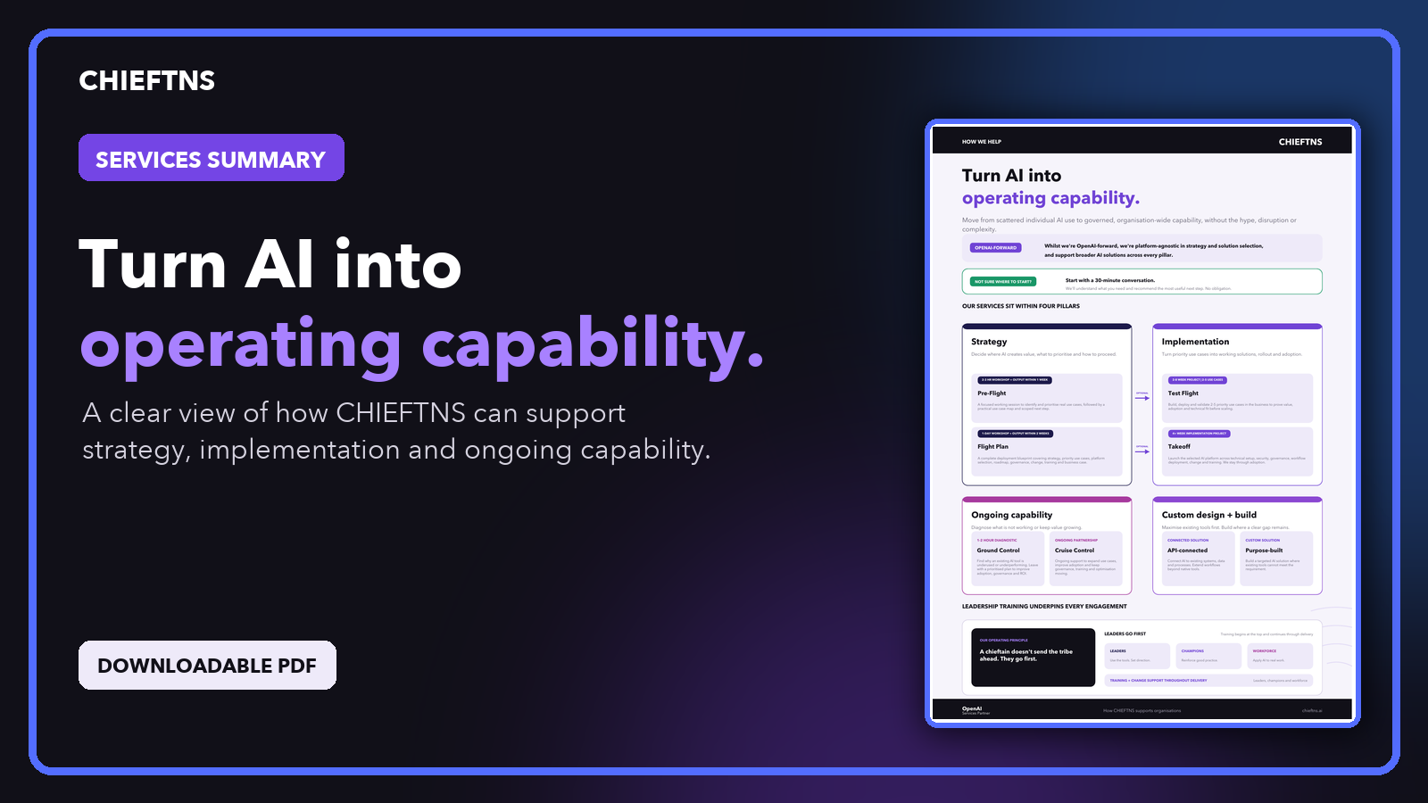 A digital marketing graphic for CHIEFTNS with the title 'Turn AI into operating capability,' showing a webpage with sections about strategy, implementation, ongoing capability, and custom design, and a purple button labeled 'Downloadable PDF'.