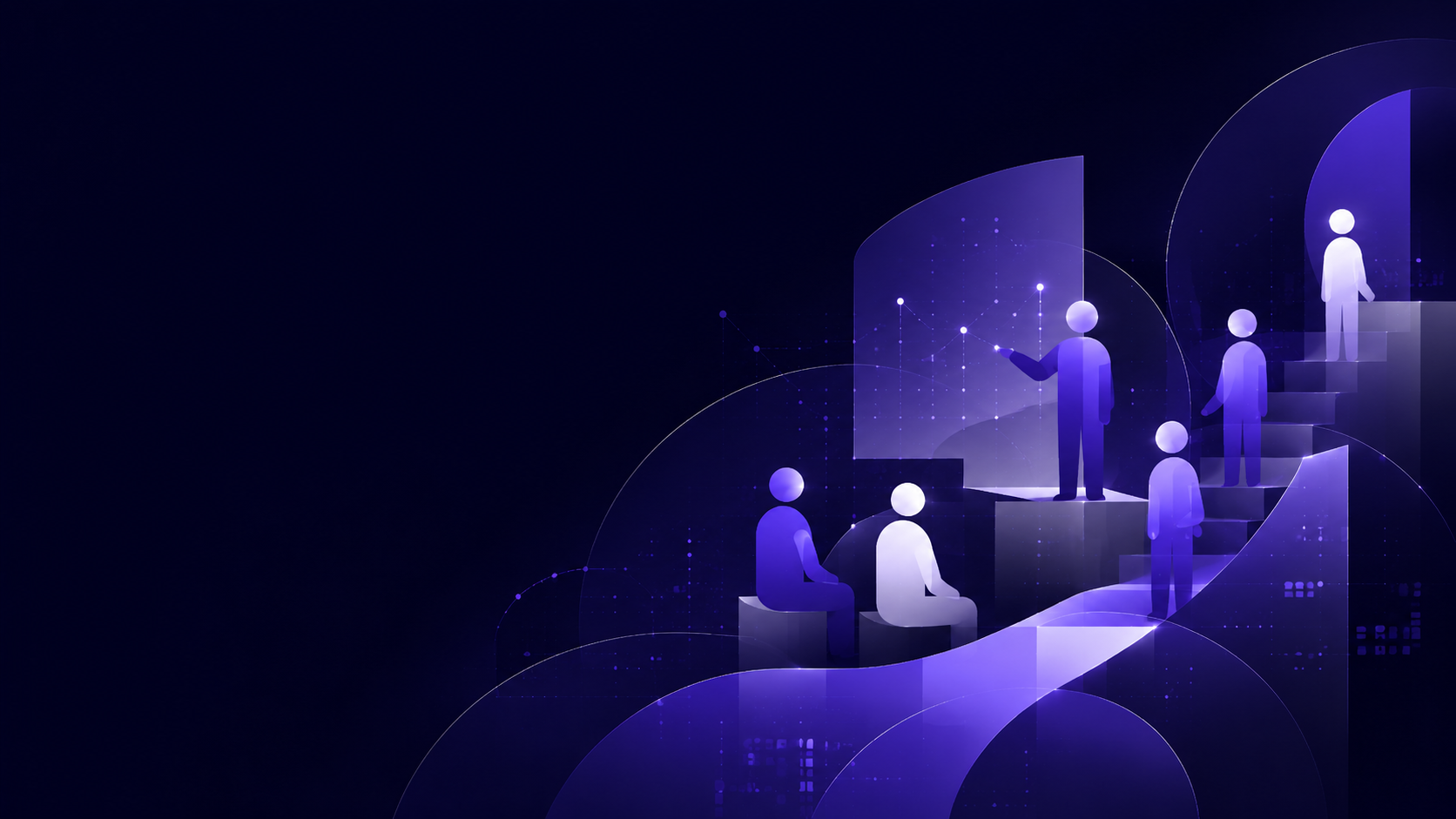 Digital illustration depicting stylized human figures on stairs, engaging with technology cloud interfaces and interconnected data points, symbolizing growth using AI when partnered with Chieftns.AI.