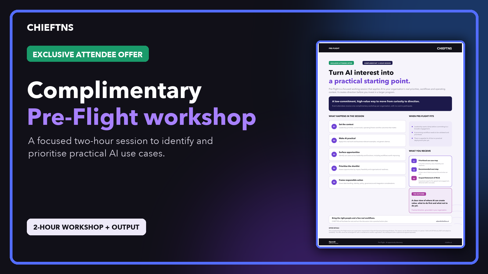 Digital advertisement for a complimentary pre-flight workshop by CHIEFTNS, featuring a dark background with white and purple text, and an example of the workshop's presentation slide on a computer screen.