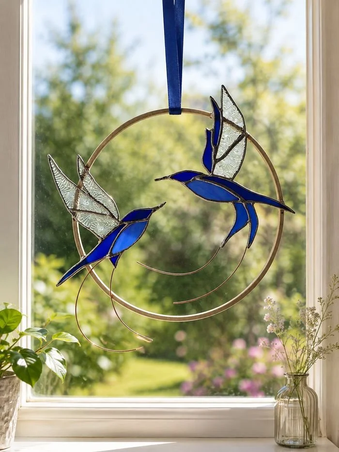 Stained Glass Dancing Birds on Bamboo Hoop