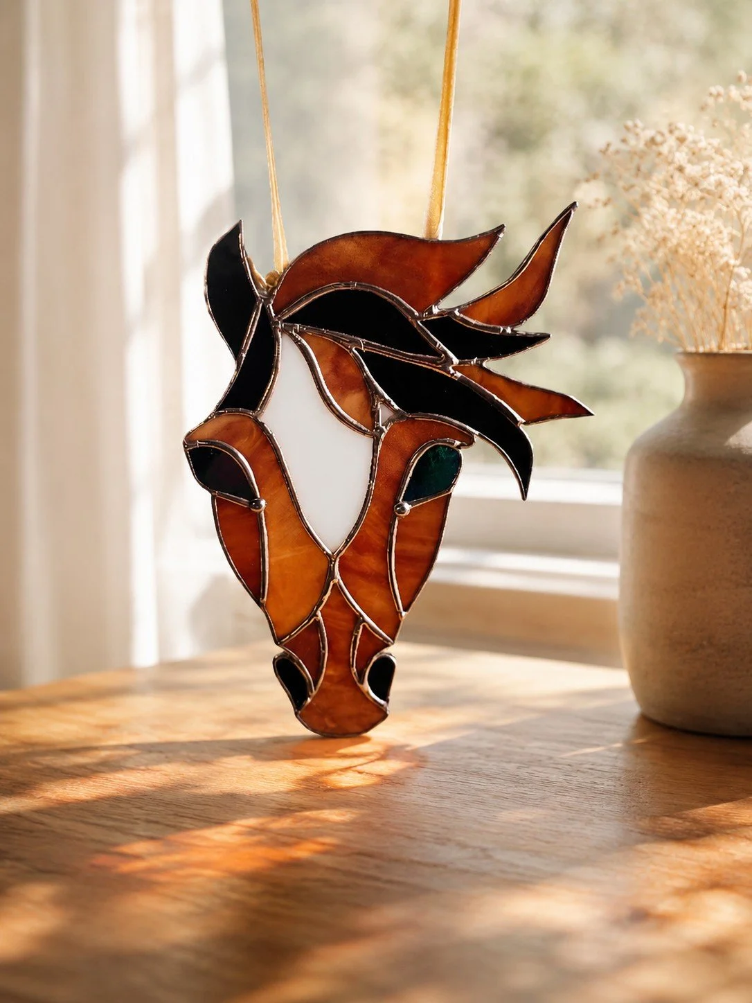 Elegant Stained Glass Horse Head with Flowing Mane