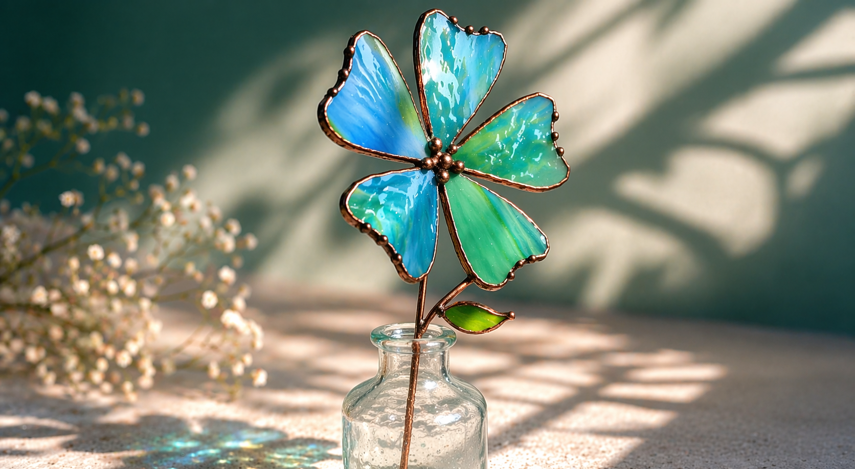 Tiffany-Style Stained Glass Flower in Glass Bottle