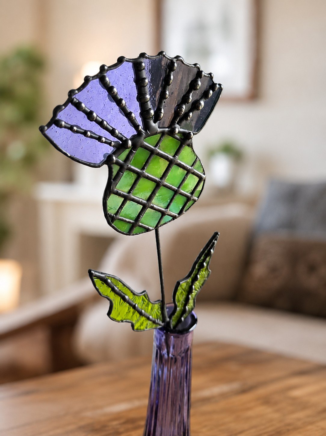 Handcrafted Stained Glass Thistle Flower