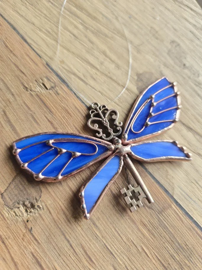 Skeleton Key Stained Glass Butterfly Suncatcher