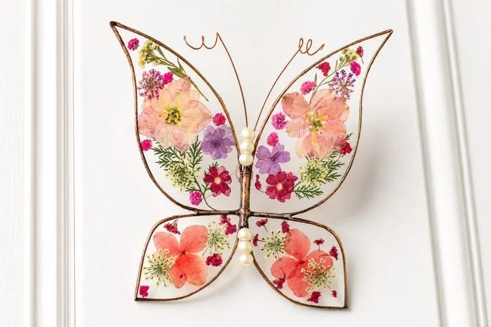 Pressed Flower Tiffany Style Stained Glass Butterfly