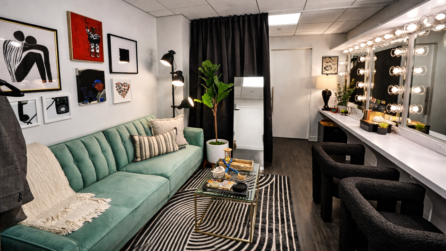 A stylish dressing room with artwork on the wall, a green sofa with patterned pillows, a black and white striped rug, and a vanity mirror surrounded by lights. There are chairs, plants, and a variety of decorative items.