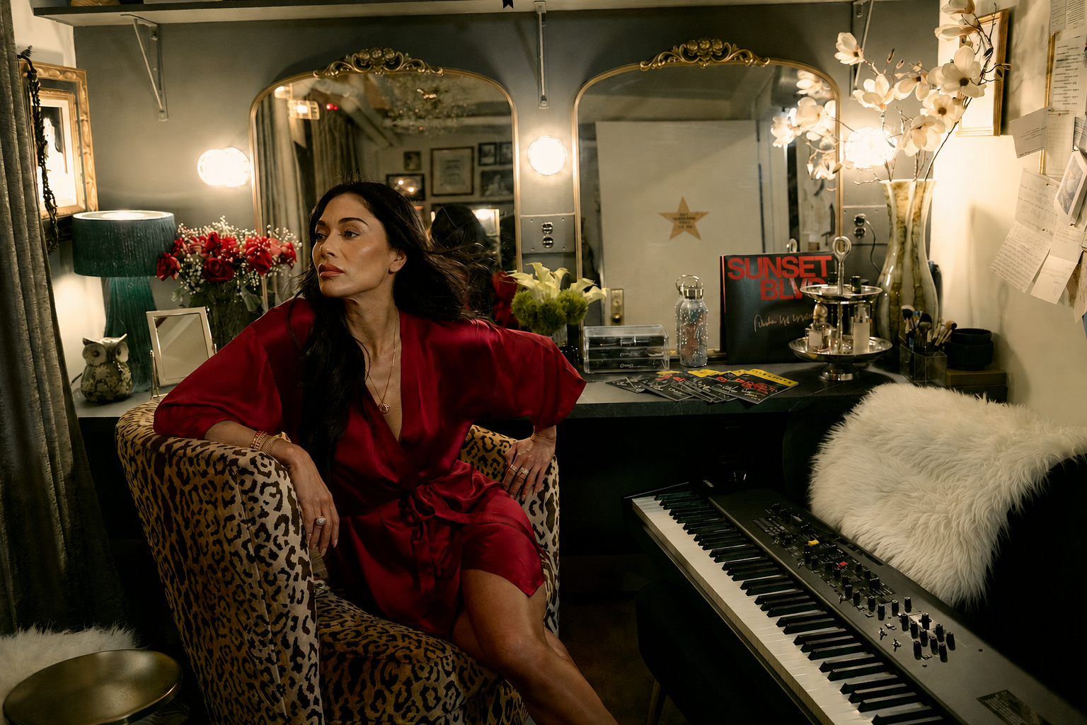 A woman in a red satin robe sitting in a leopard print armchair beside a keyboard in a cozy, dimly lit room decorated with flowers, photos, and inspirational notes.