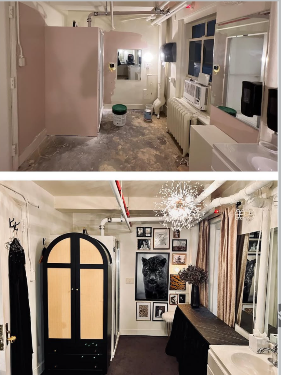 Before and after images of a room renovation showing transformation from an unfinished space with exposed pipes, construction materials, and empty walls to a decorated and styled space with art, furniture, curtains, and lighting.