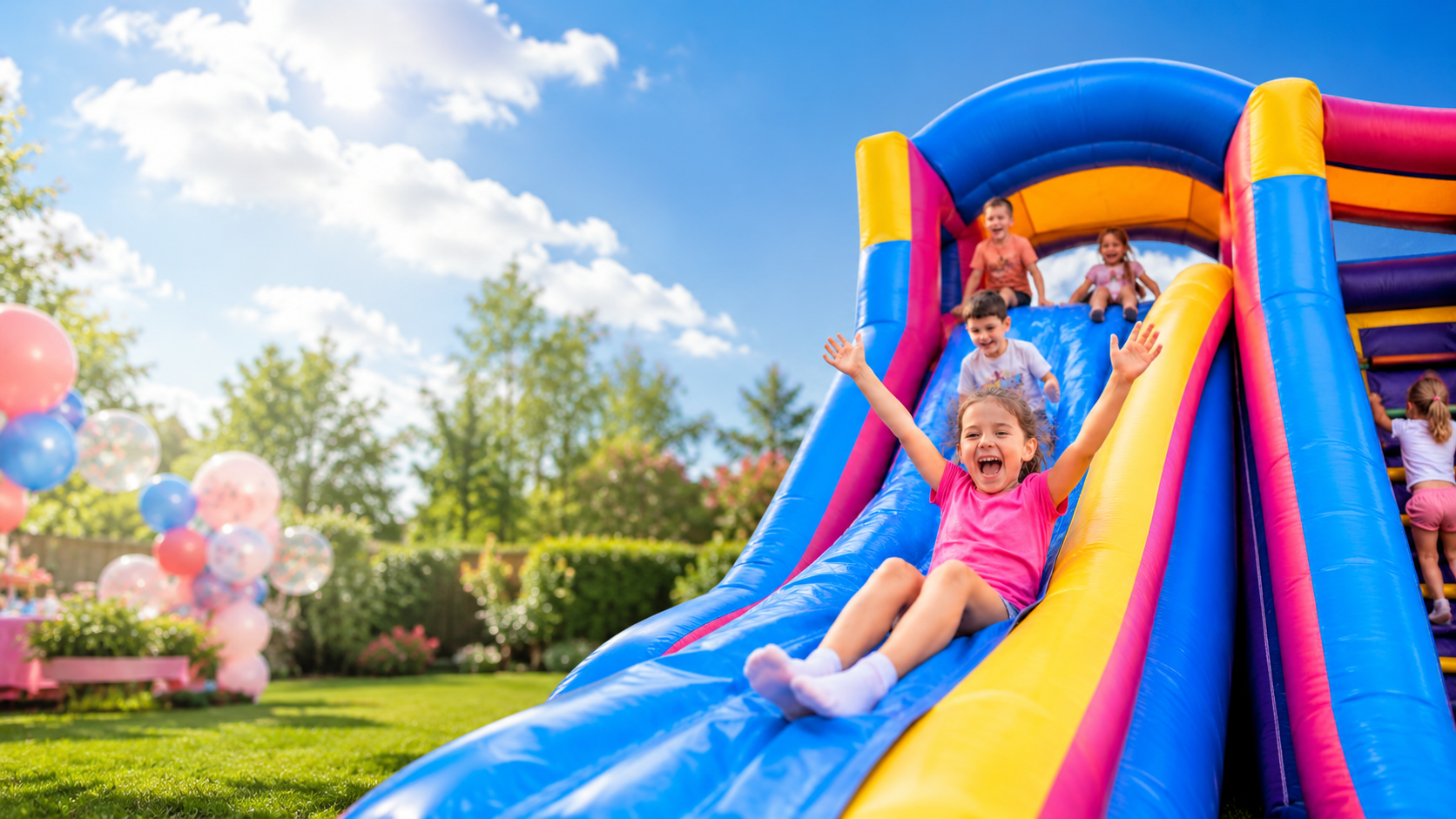 Children playing on a colorful inflatable slide outdoors during daytime, with balloons and greenery in the background.