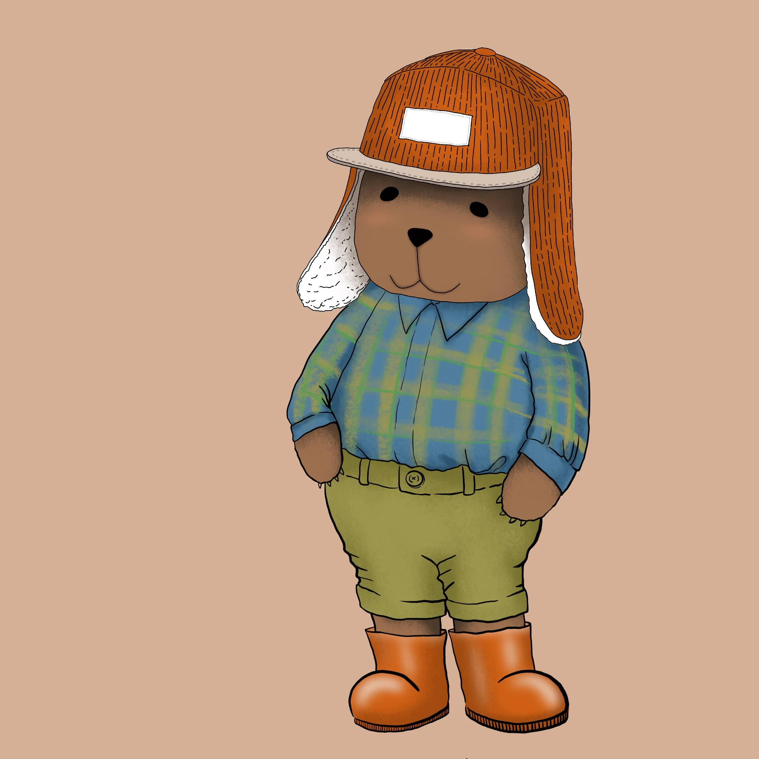Un orsetto di cartone con cappello a visiera, camicia a quadri e stivali marroni.
