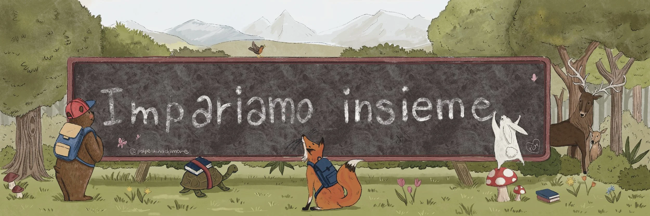 Il cartello scolastico con la scritta "Impariamo insieme" circondato da animali e natura, tra cui un orso antropomorfo con zaino, una tartaruga, una volpe, un coniglio e un cervo, in un paesaggio di montagna.