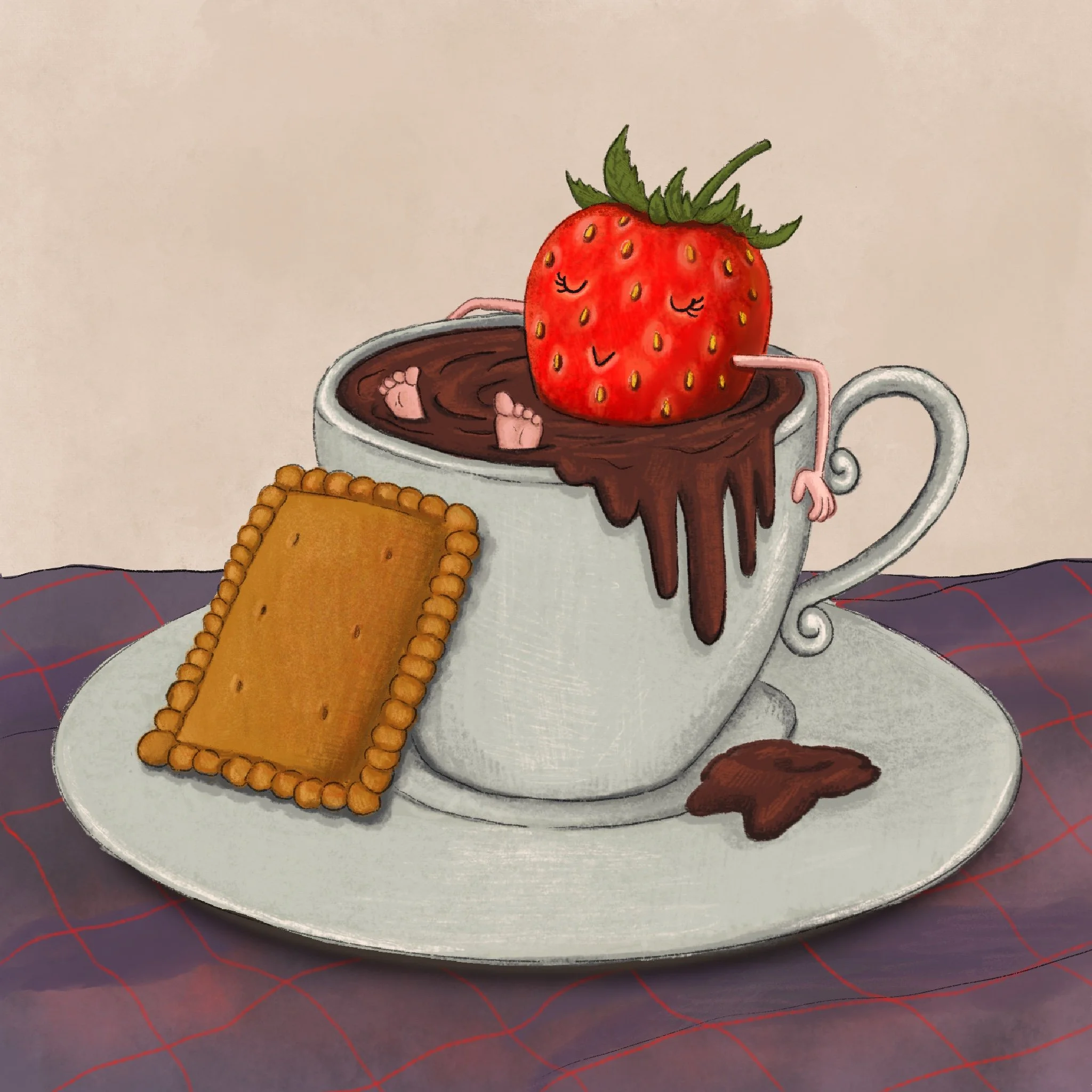 Disegno di una fragola con il volto sorridente, chiuse gli occhi e molti ciglia, seduta in una tazza di cioccolata calda con piedi e mani. Sul tavolo ci sono biscotti e una tazza di latte.