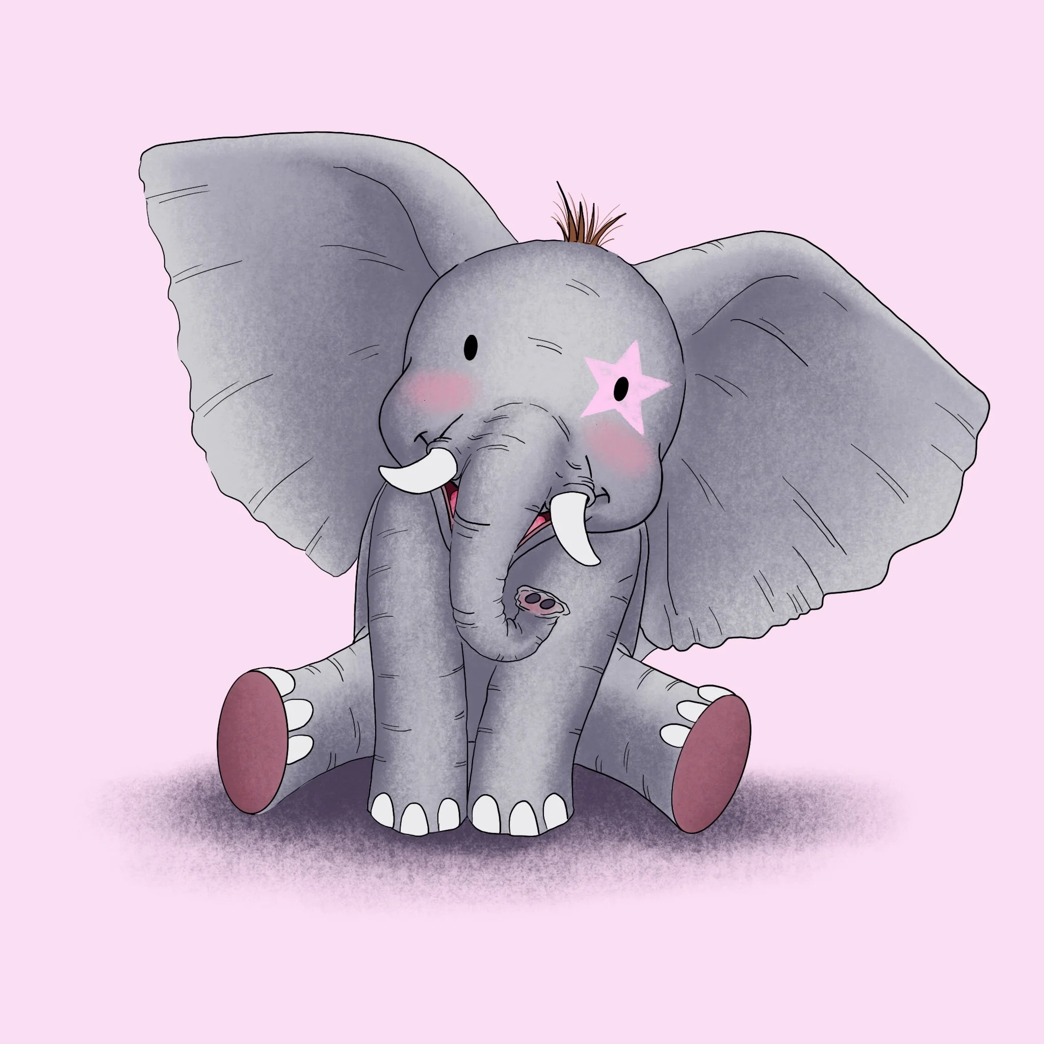 Disegno di un elefante stilizzato con orecchie grandi, grande testa, tratti morbidi, naso a proboscide e una stella sull'occhio, su sfondo rosa chiaro.