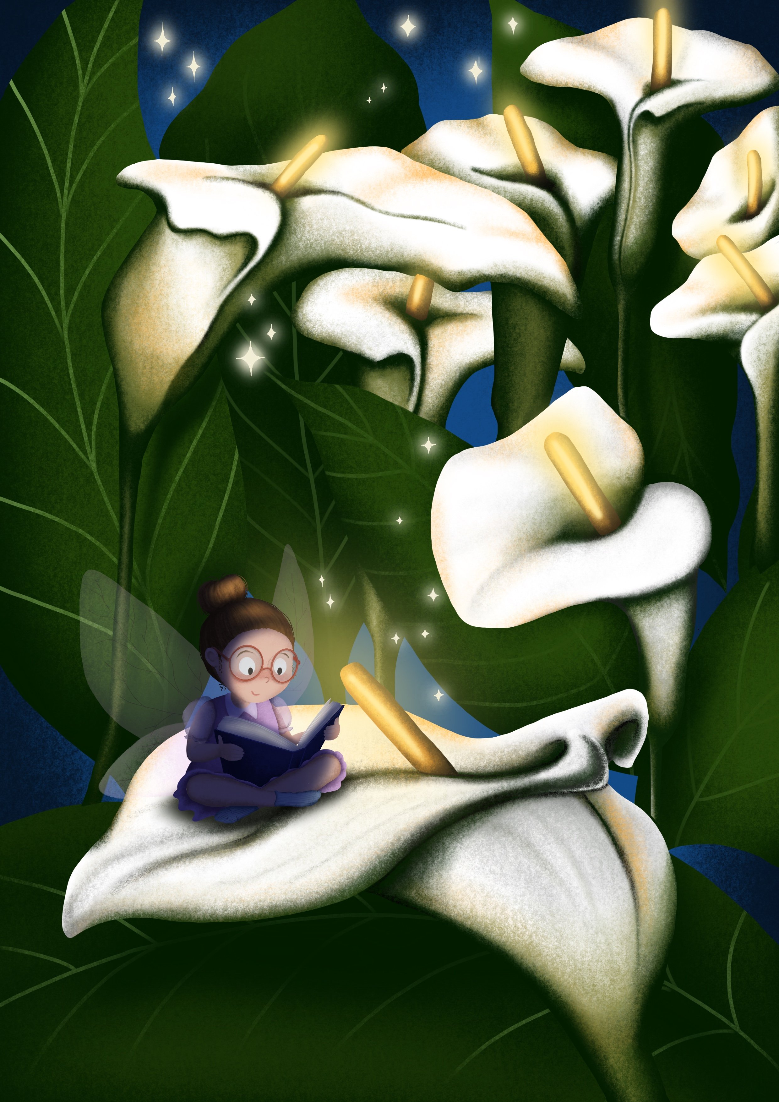 Una bambina con occhiali seduta su una grande calla bianca mentre legge un libro, circondata da foglie verdi e stelle luminose sullo sfondo di un cielo notturno.