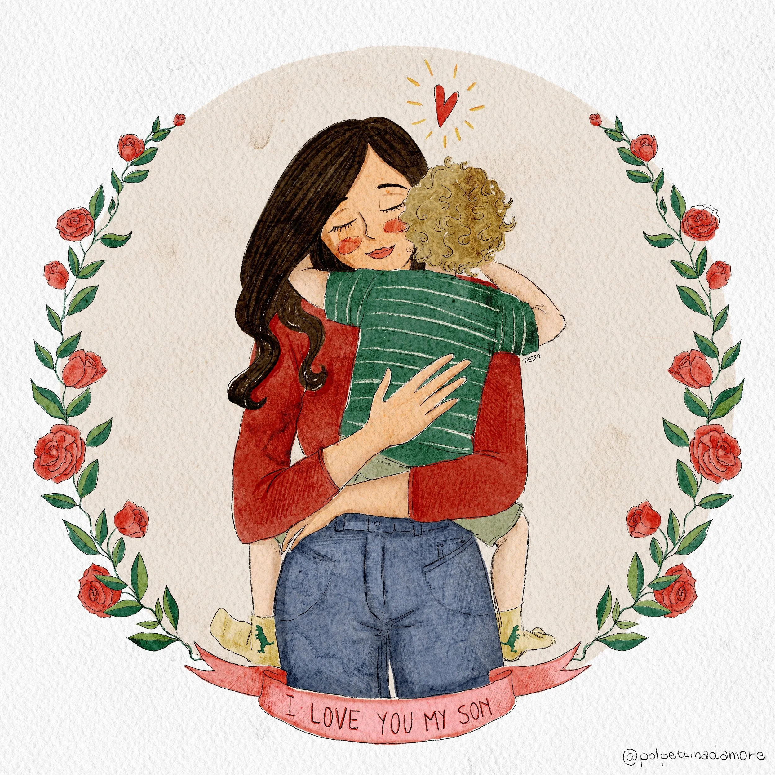 Un'illustrazione di una donna e un bambino che si abbracciano con un cuore rosso sopra di loro e una corona di rose intorno. La didascalia in basso dice 'Ti amo, sei il mio figlio'.