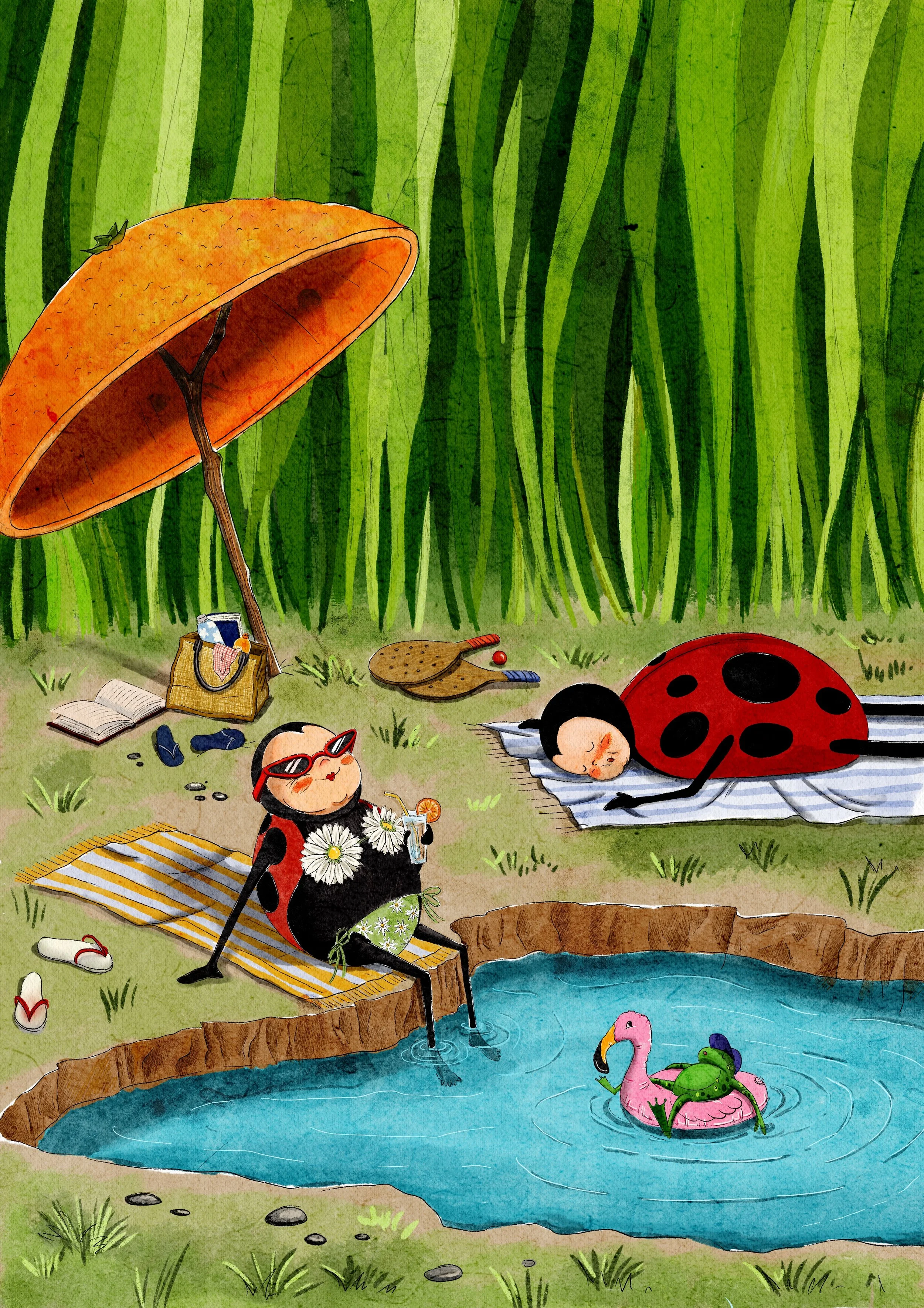 Illustrazione di una scena idilliaca di due coccinelle che prendono il sole nel prato.  Una si rilassa con il suo costume da bagno a forma di margherite, e l'altre più piccola riposa sotto un ombrellone. Una rana si rilassa su un gonfiabile in acqua.