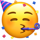Emoji sorridente con cappello da festa e coriandoli, che soffia un bacio.