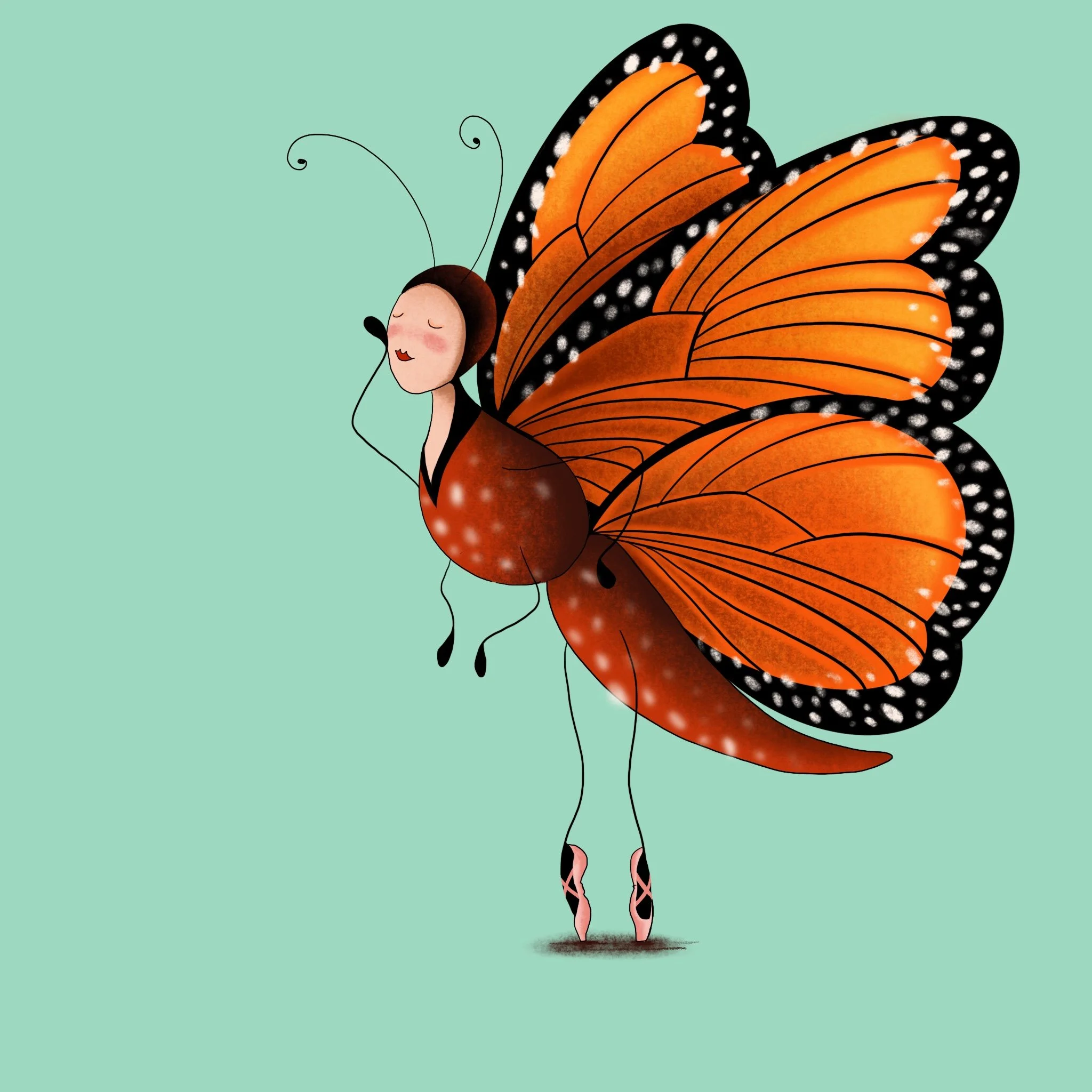 Un'illustrazione di una farfalla con ali arancioni, nere con pois bianchi, e un volto umano con capelli castani e pelle chiara, su uno sfondo verde menta.
